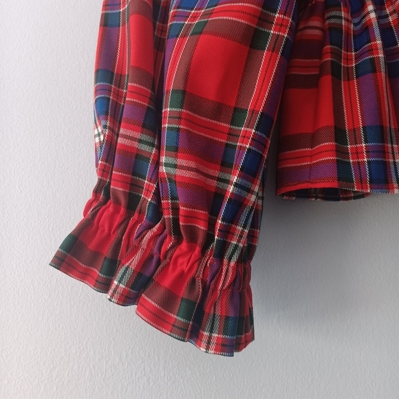 Tanya Taylor Red Plaid Smocked Peplum Cropped Blouse Leather Trim Size 2 - Picture 7 of 11